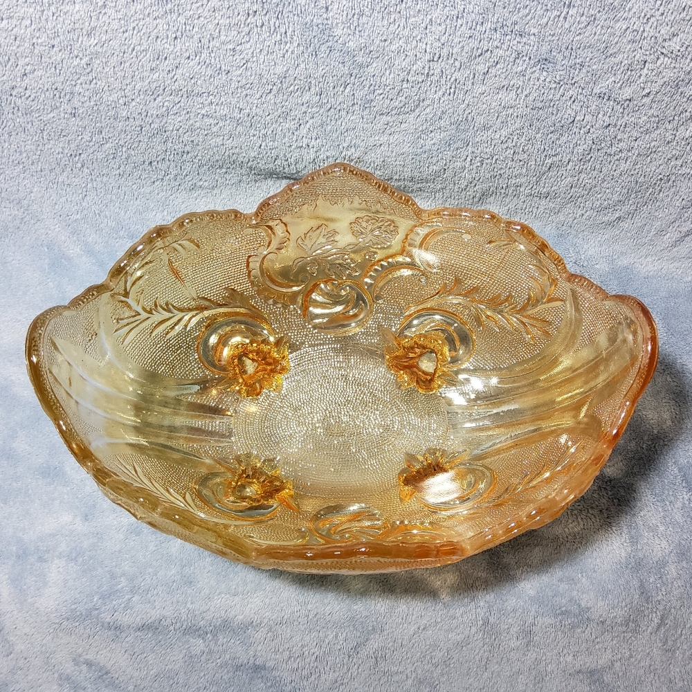 Vintage Jeannette Marigold Carnival Glass Lombardi Pattern Footed Fruit Bowl - Picture 2 of 8